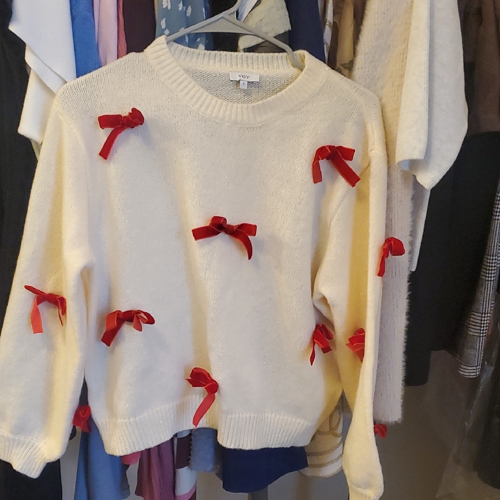 Cream Sweater with Red Bows